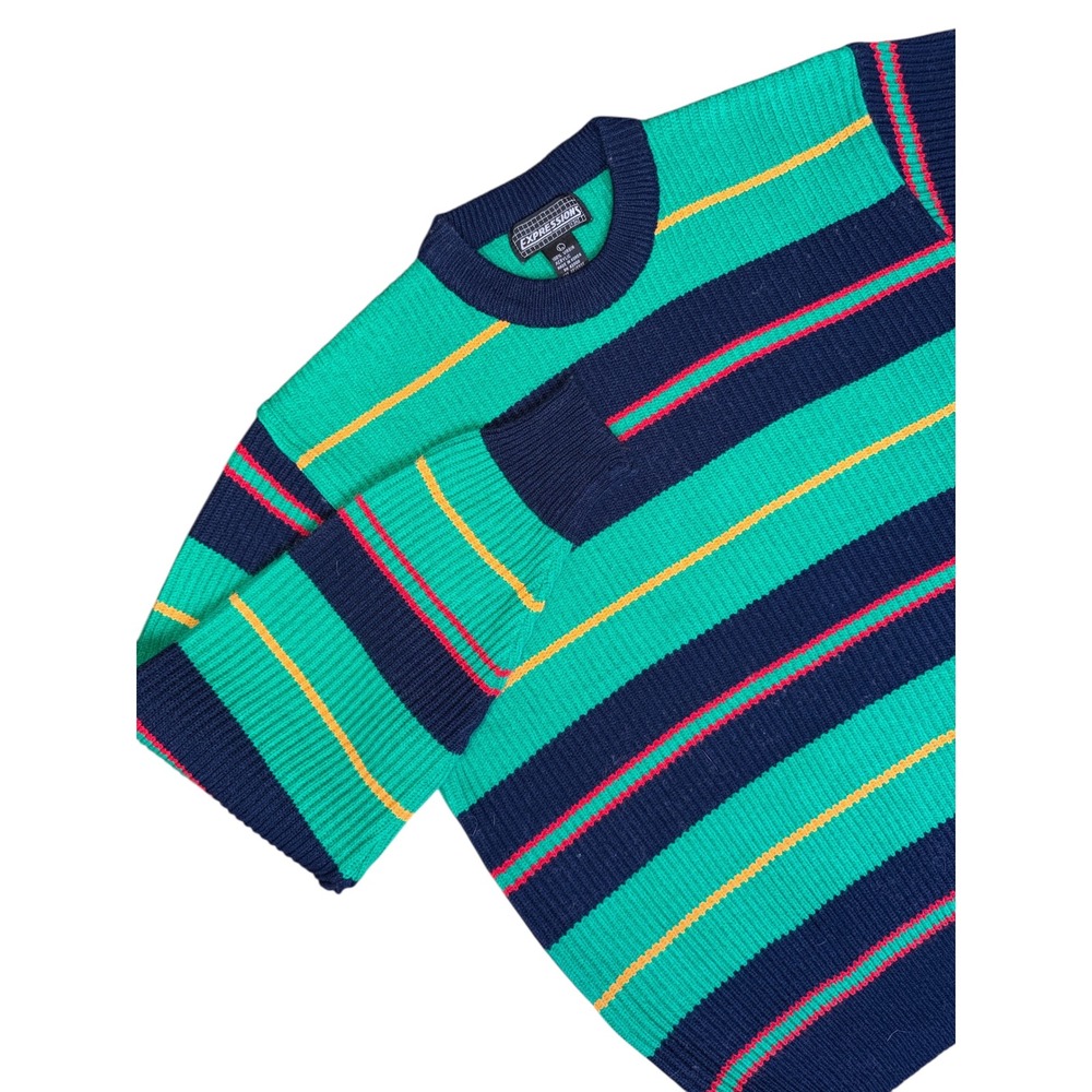 Expressions Vintage 90s Striped Crewneck Sweater Teal Navy Blue Mens Large Korea